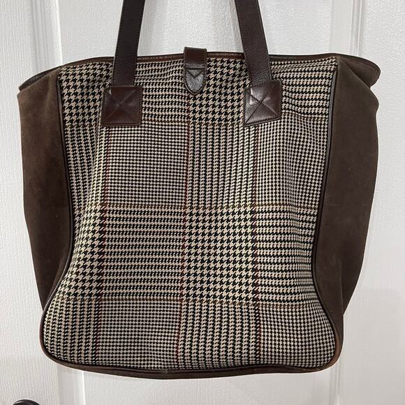 Lauren by Ralph Lauren brown plaid houndstooth tote bag - Picture 1 of 12